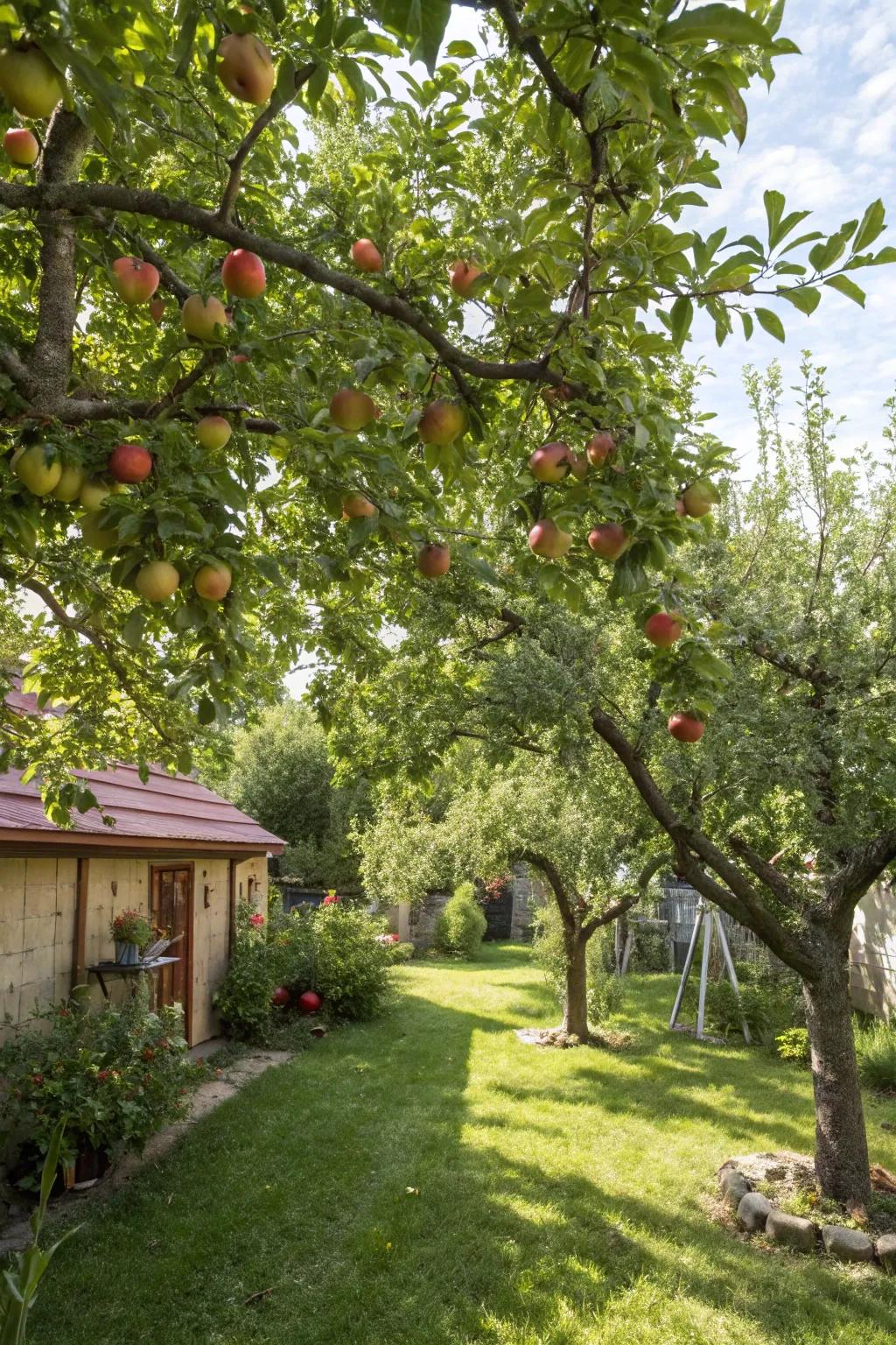 Fruit trees laden with ripe apples and pears.