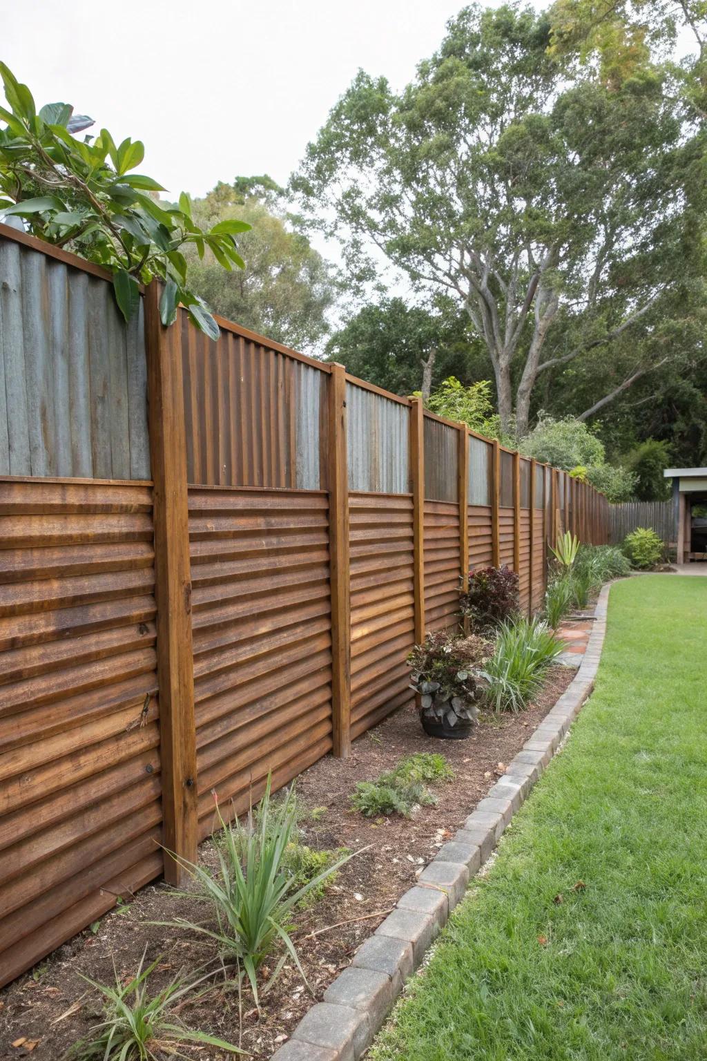 Embrace the vintage charm with a rusted horizontal corrugated metal fence.