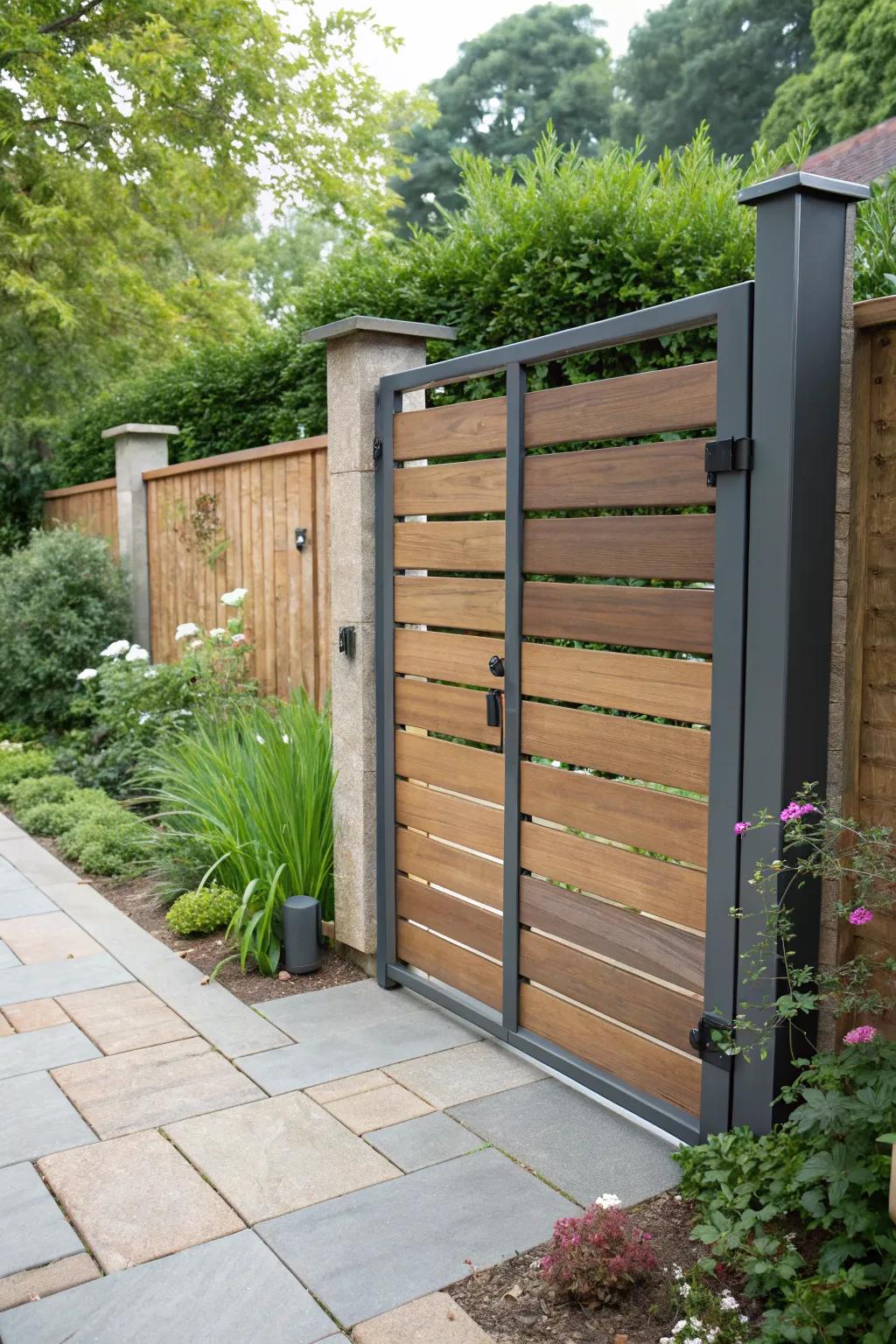 Combine steel and wood for a contemporary garden entrance.
