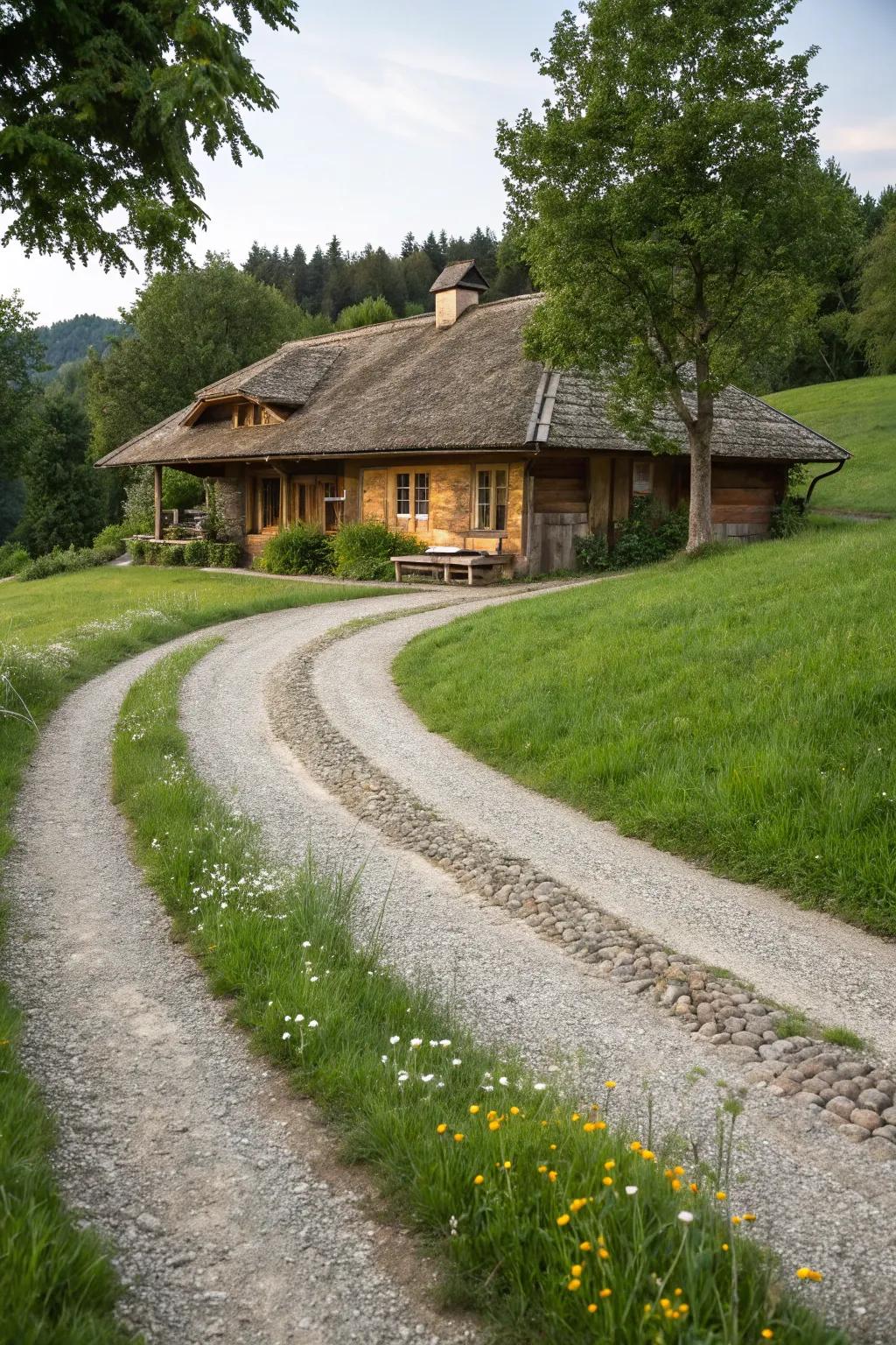 Rustic charm with a gravel horseshoe driveway.