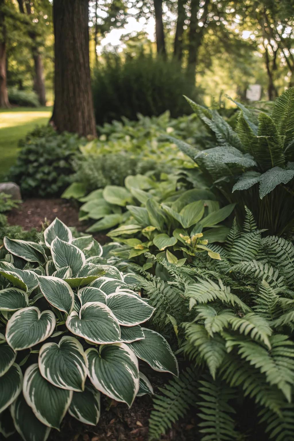 Dense planting of hostas and ferns creating a lush garden bed.