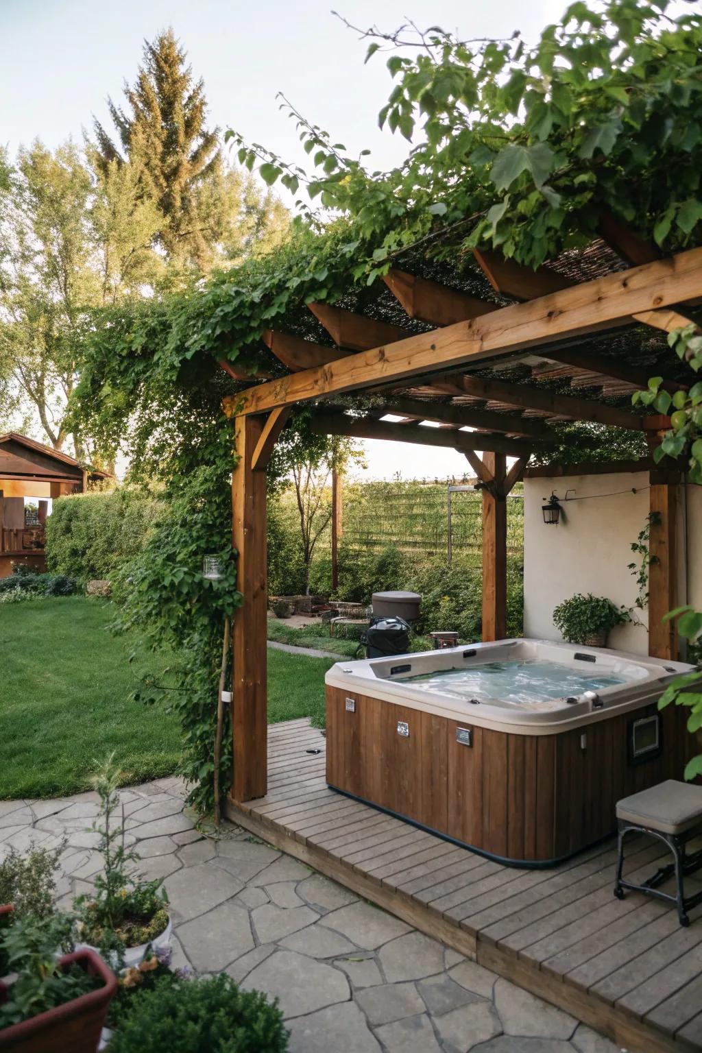 Embrace rustic charm with a pergola over your hot tub.