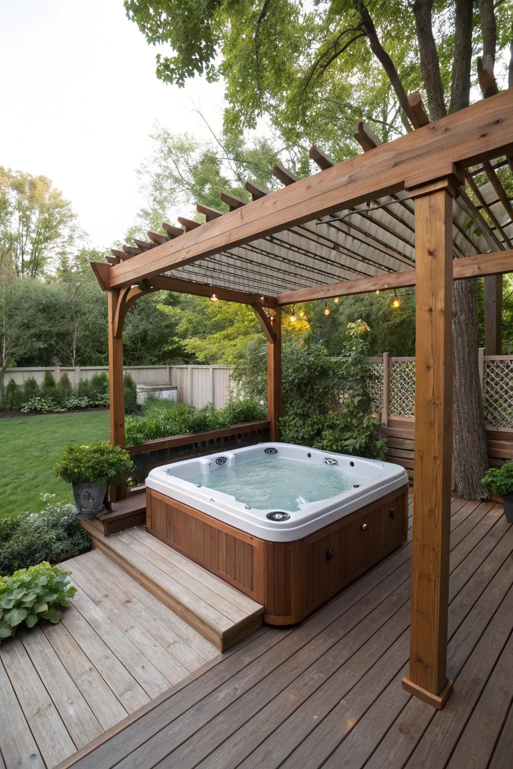 A cedar deck with a pergola transforms your hot tub into a cozy retreat.
