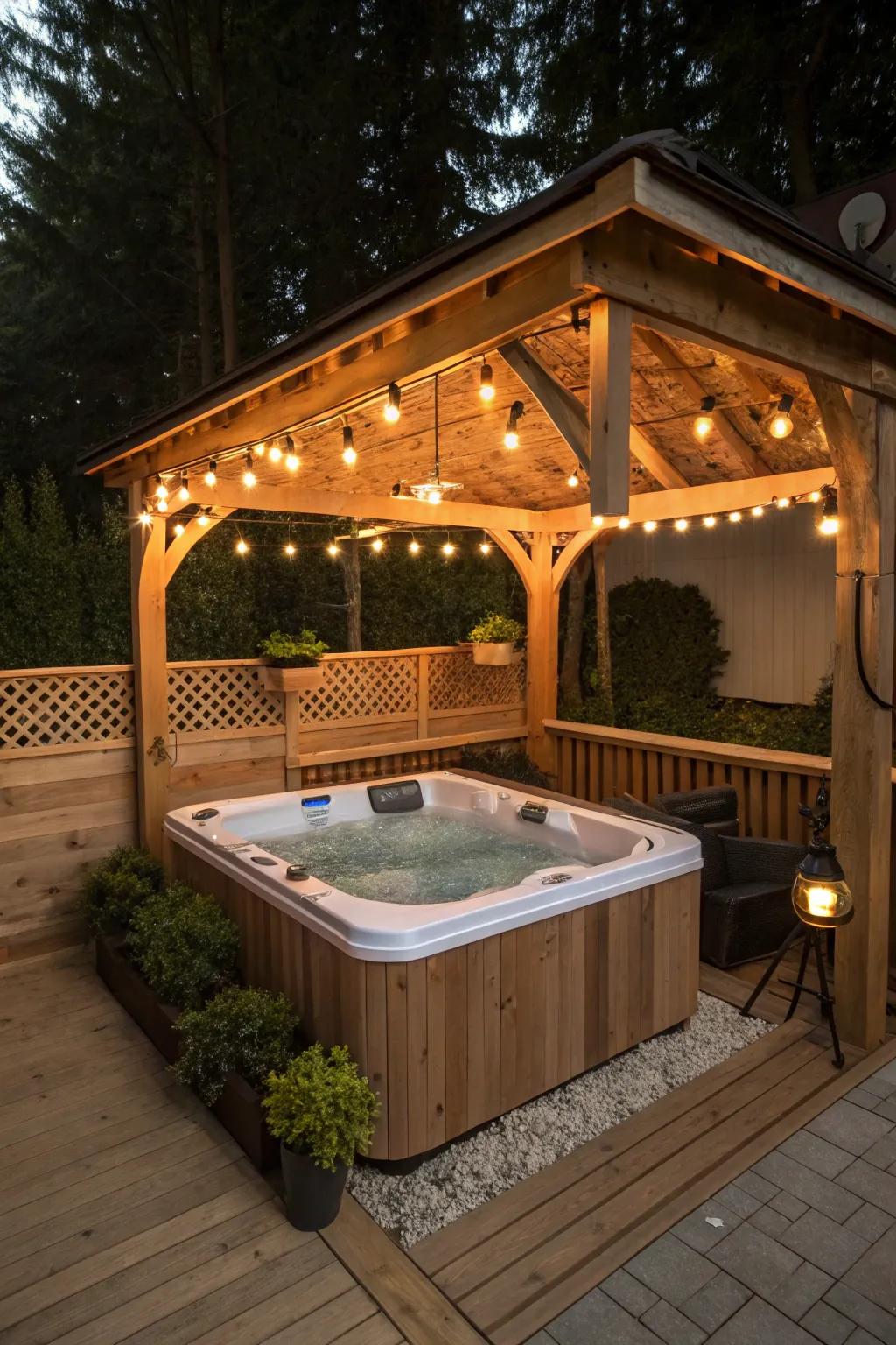 An inviting gazebo shelters a hot tub, perfect for relaxation in any weather.