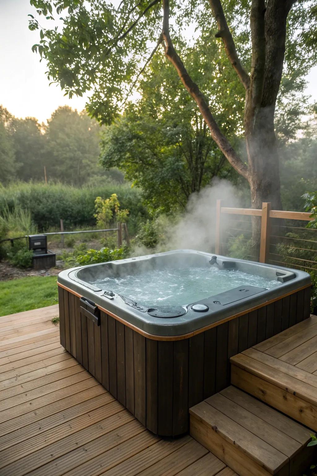 A wooden deck provides a warm, inviting base for a hot tub.