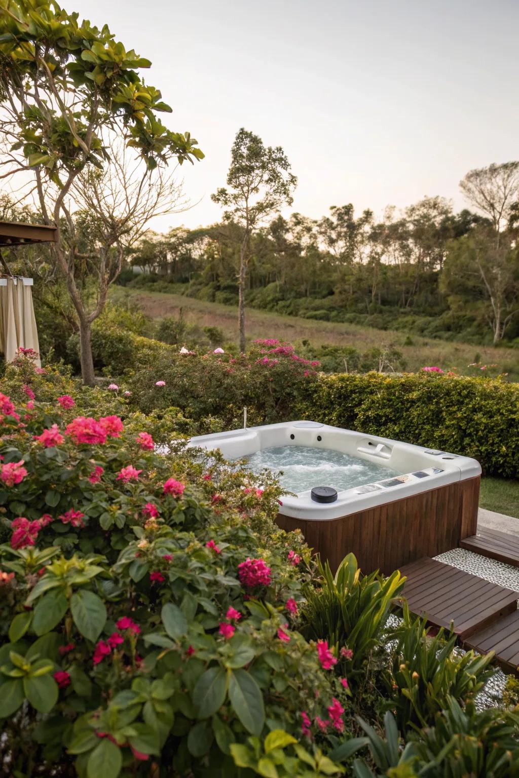 A hot tub nestled among lush greenery offers a natural retreat.