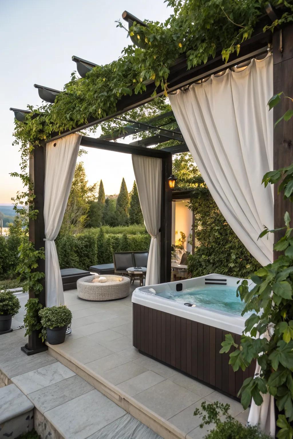 A pergola with vines creates a stylish, sheltered retreat.