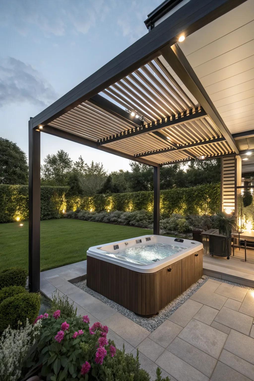 A sleek pergola offers a modern touch to your hot tub.