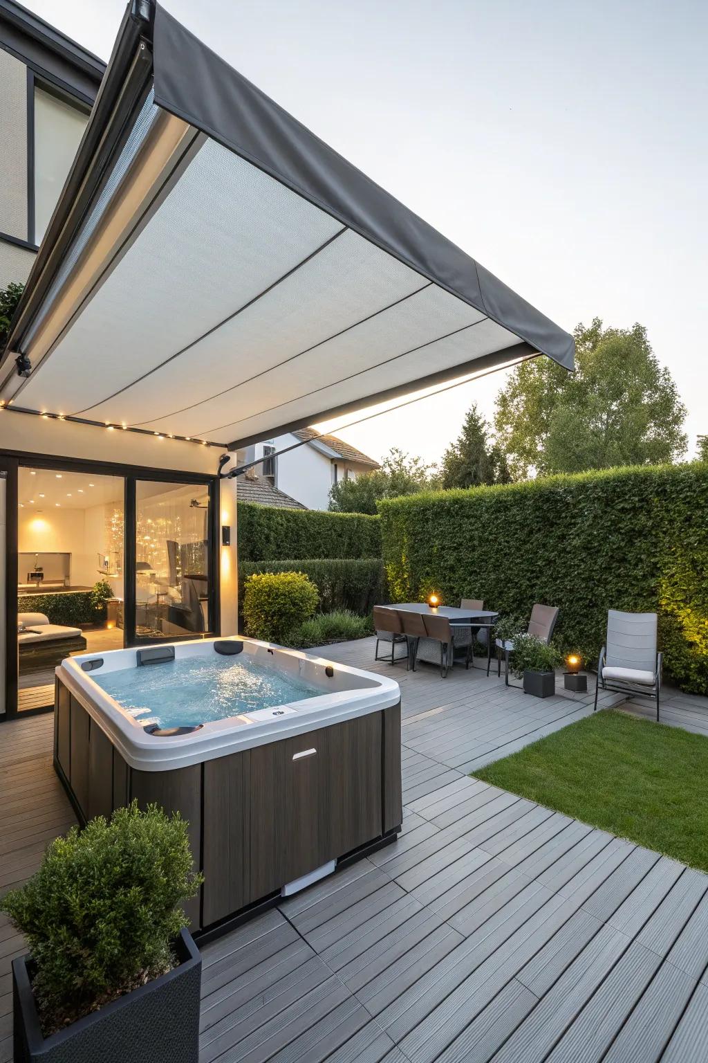 A retractable awning provides flexible shade over a hot tub.