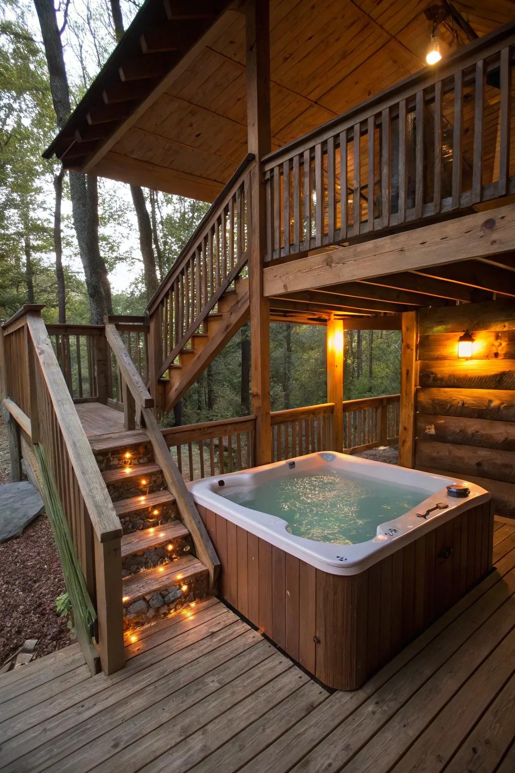 A rustic wood charm enveloping a hot tub under a deck.