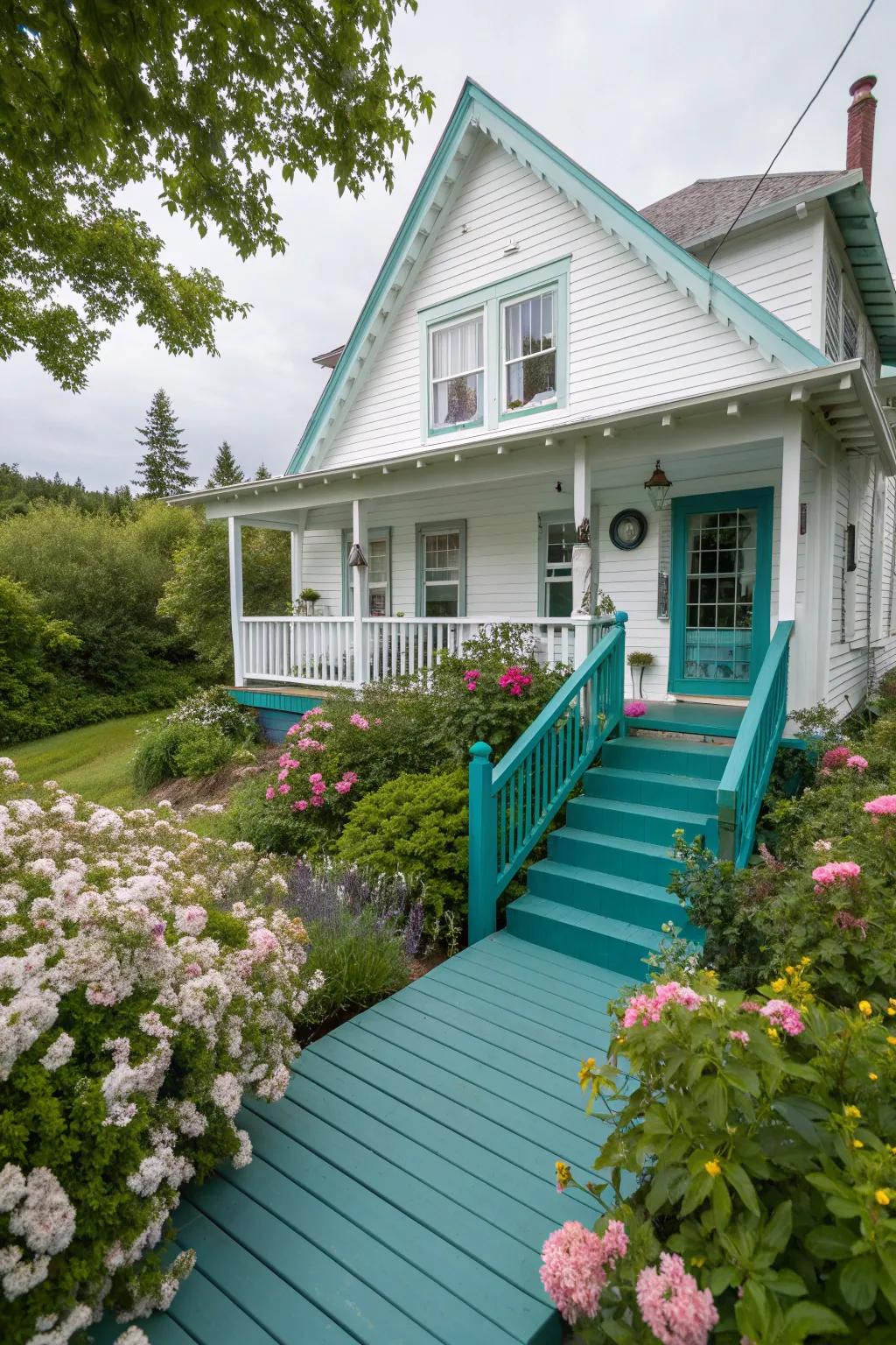 White and teal create a playful, charming outdoor space.