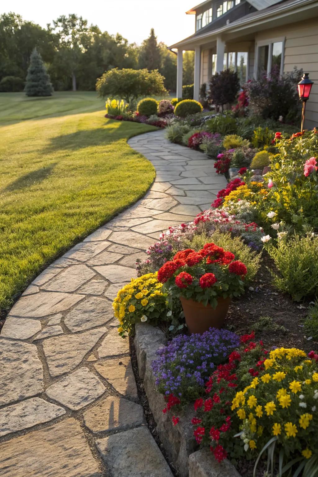 Stone pathways add charm and structure.