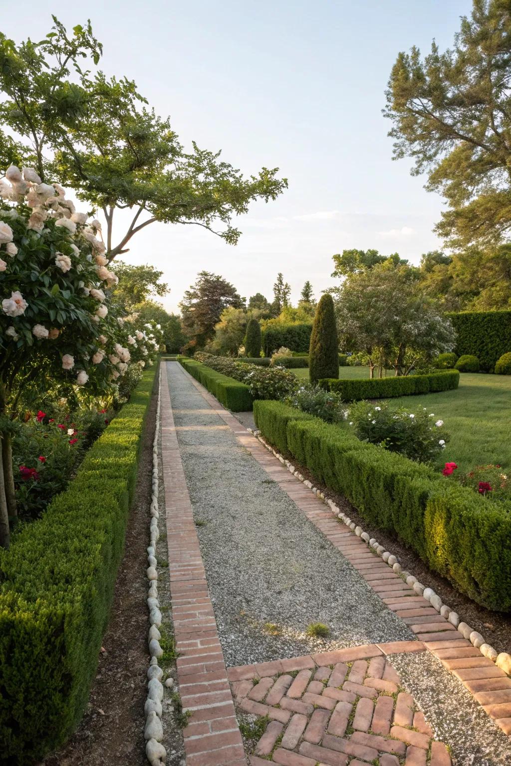 A casual gravel pathway bordered with bricks offers texture and charm.