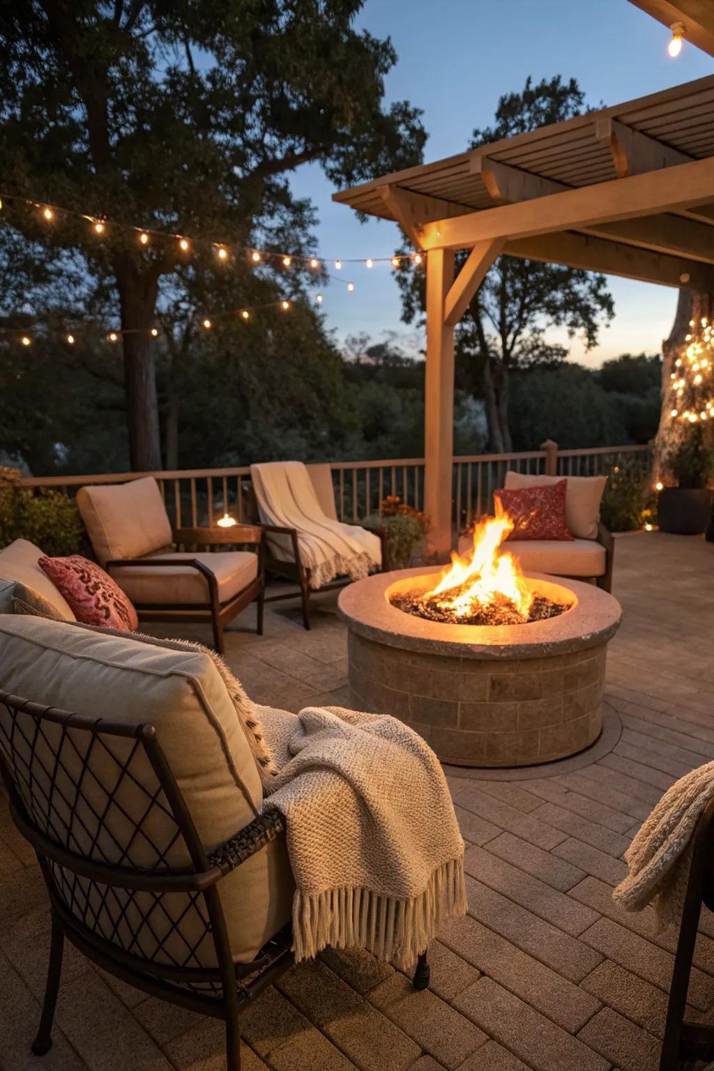 A patio fire pit surrounded by inviting seating for cozy gatherings.