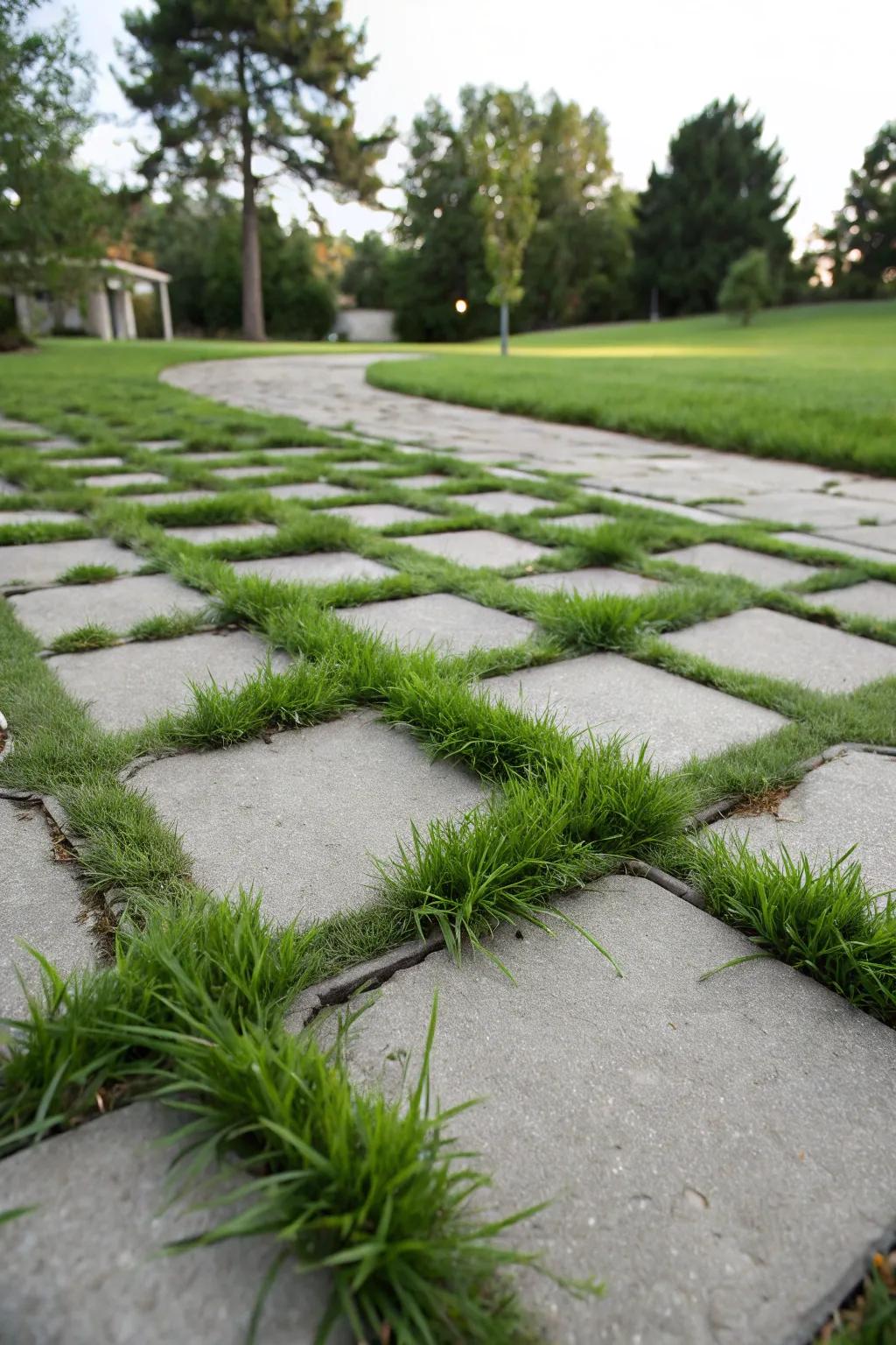 A driveway with grass pavers, blending nature with modern design.
