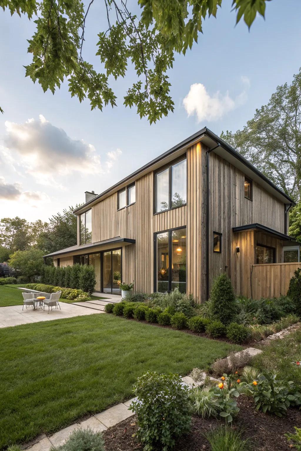 A modern house with striking vertical wood siding.