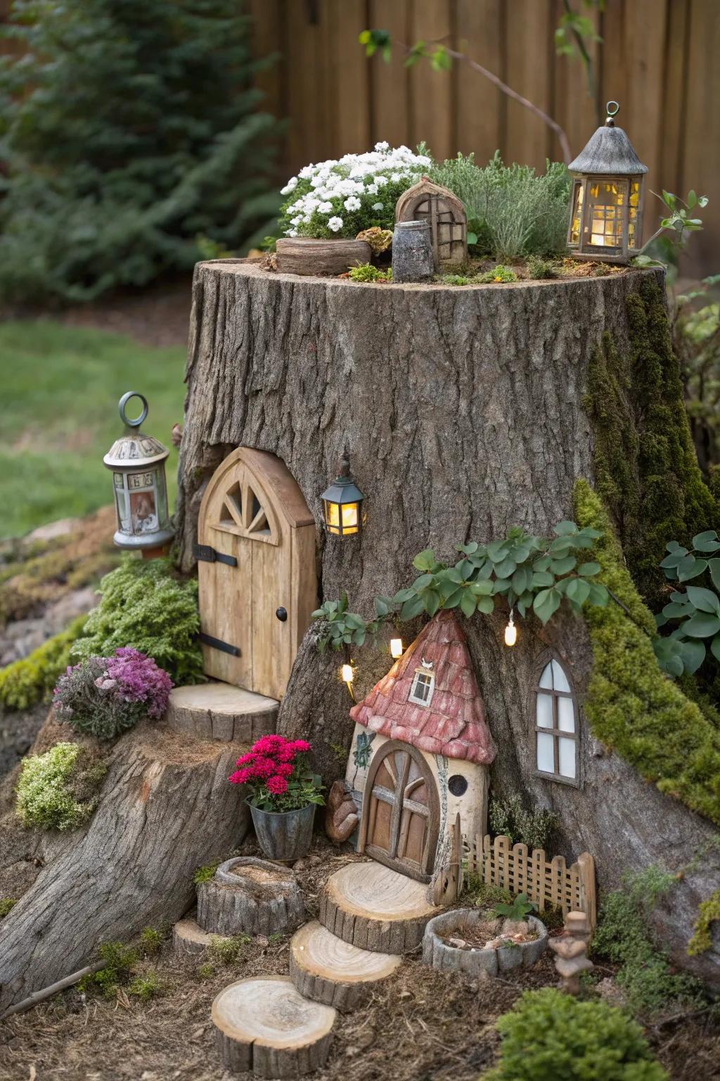 Enchant your garden with a fairy house on a tree stump.