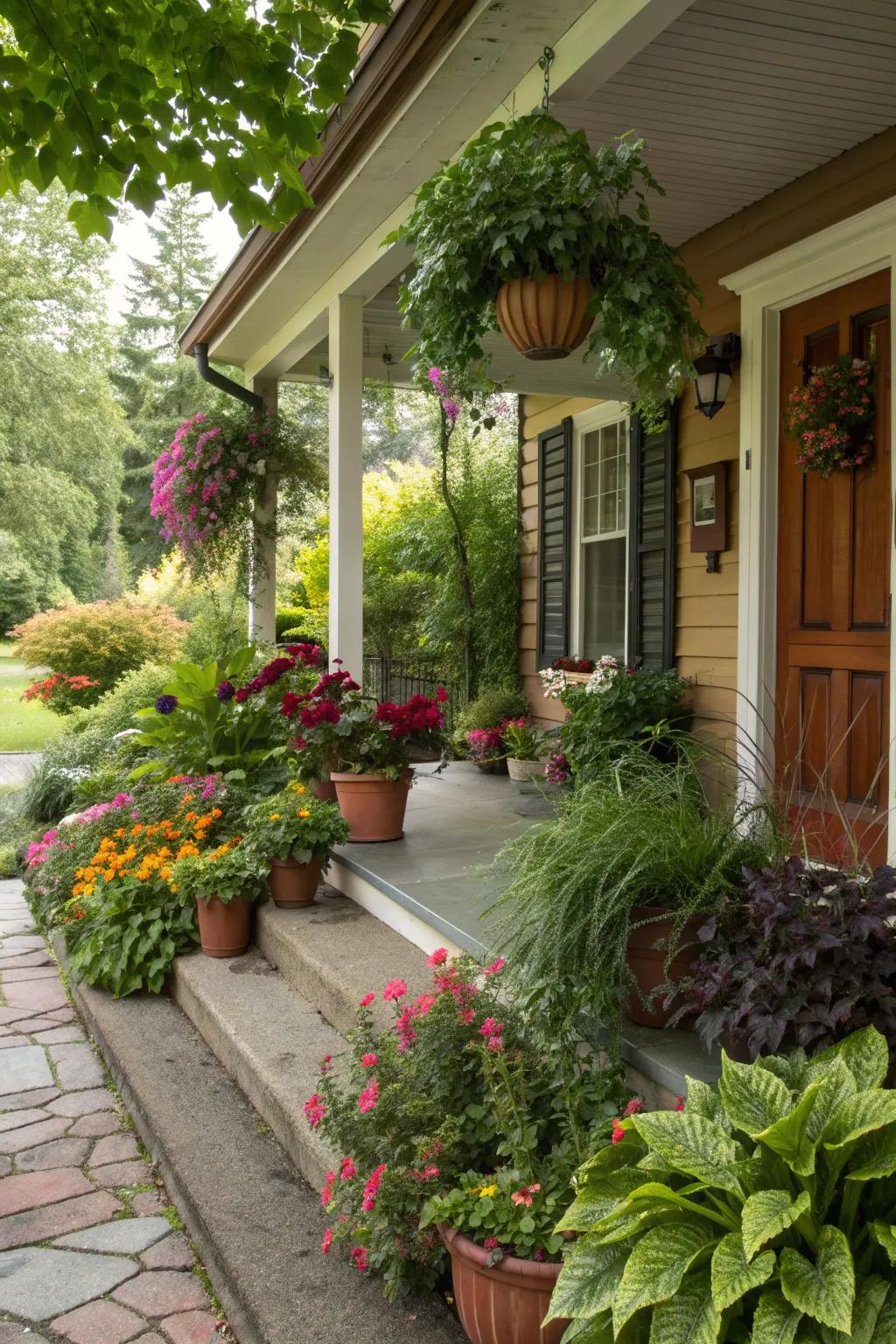 Lush greenery and potted plants adorn this inviting front porch.