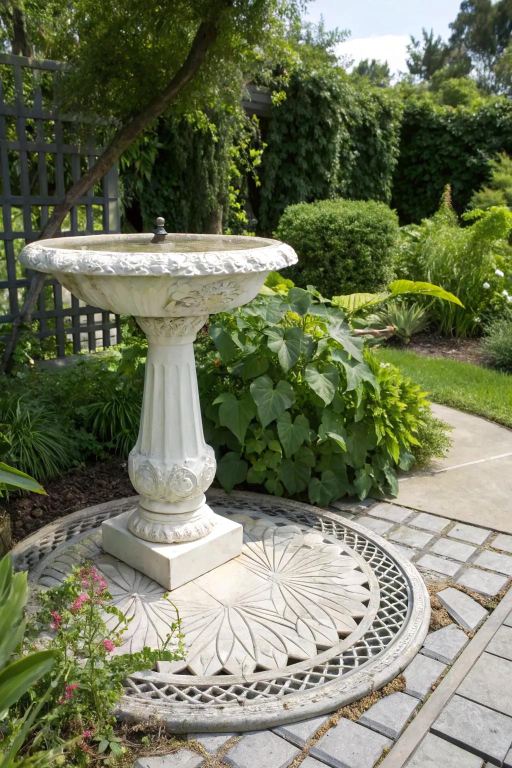 A birdbath elegantly conceals a drain cover, adding charm and life to the garden.