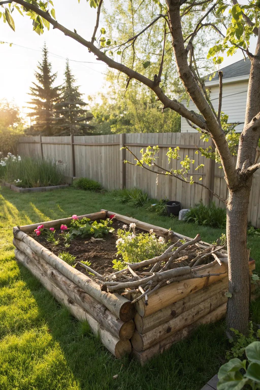 Logs as the bulk fill base in a raised garden bed.