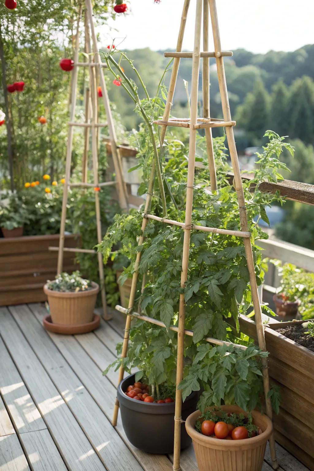 A bamboo trellis provides both support and style for potted tomatoes.