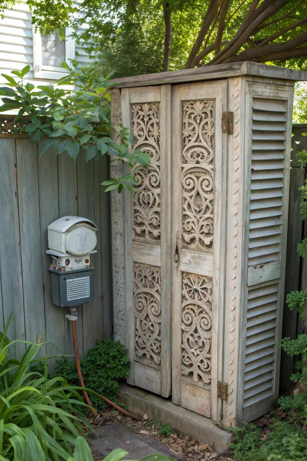 Repurposed shutters add a vintage flair while hiding the gas meter.