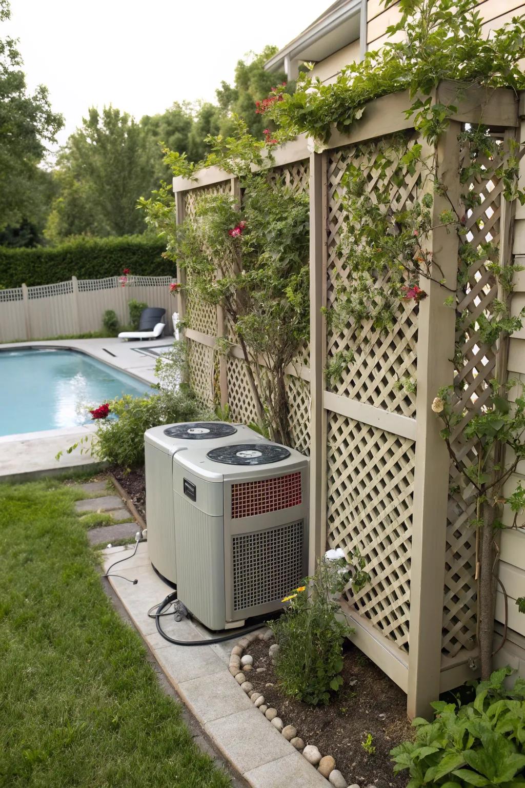 Lattice panels offer a decorative yet functional way to hide pool equipment.