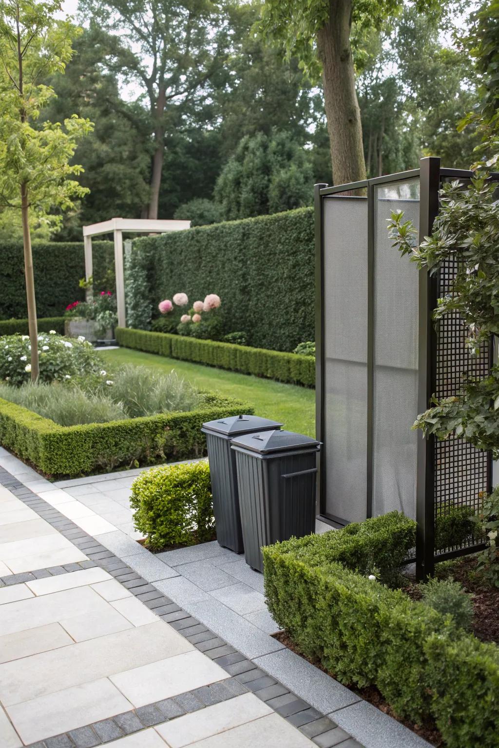 Movable screens provide flexibility and style in concealing trash cans.