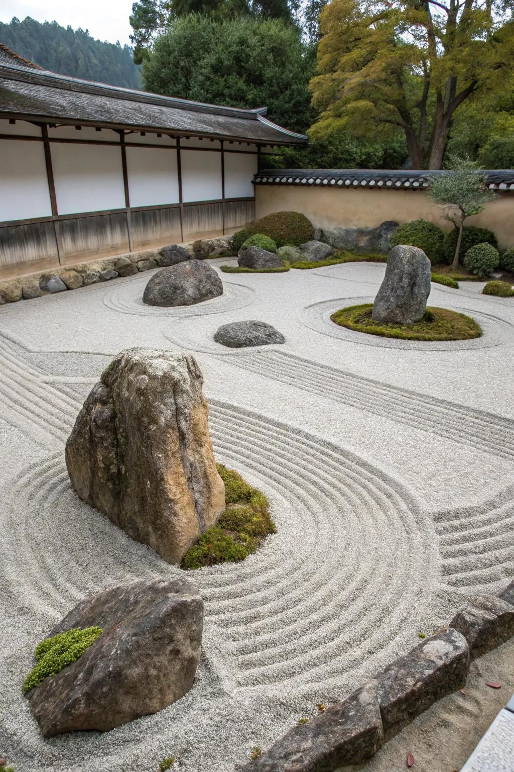 A minimalist Zen garden featuring raked gravel and large stones.