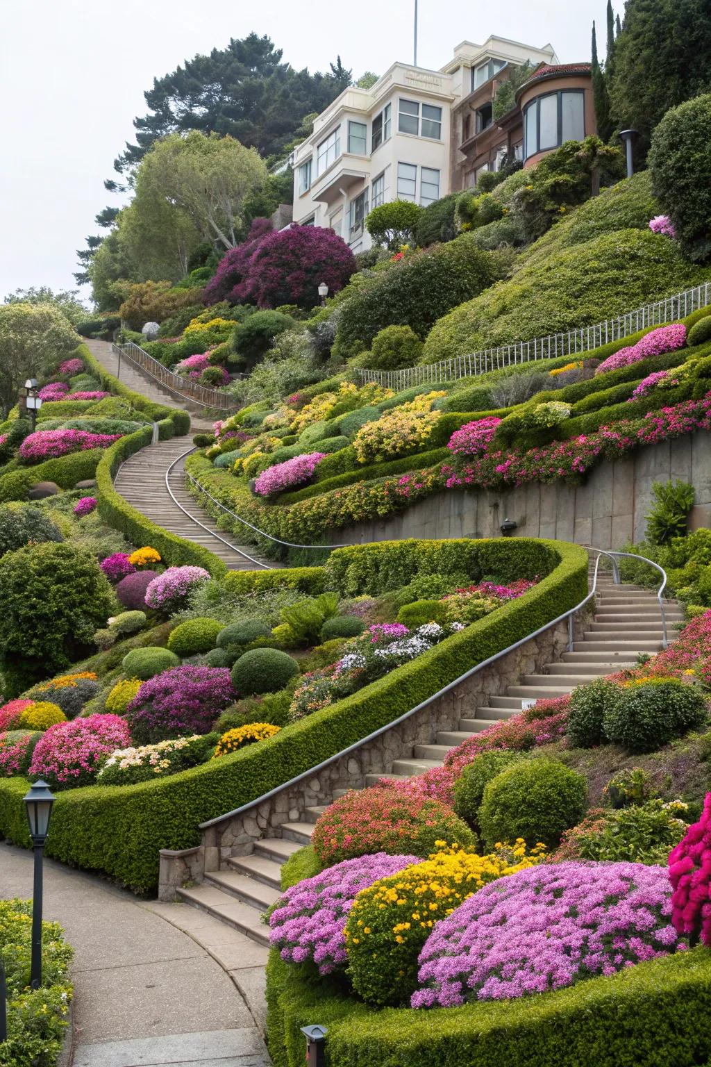 Terraced levels in a sloped garden, each filled with vibrant, colorful plants.