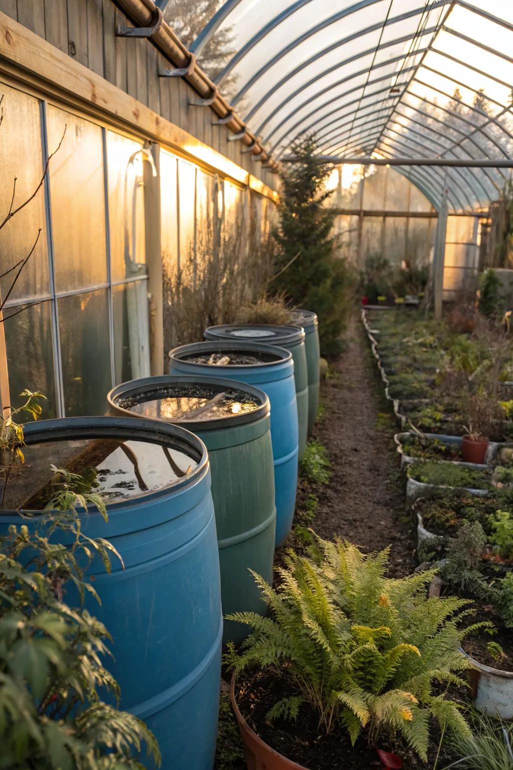 Water barrels act as a thermal mass, helping maintain warmth in a greenhouse.