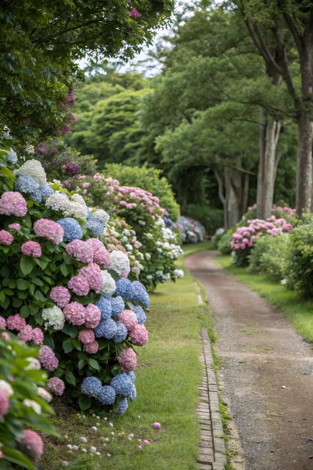 Hydrangeas lining a garden path create a vibrant and inviting walkway.