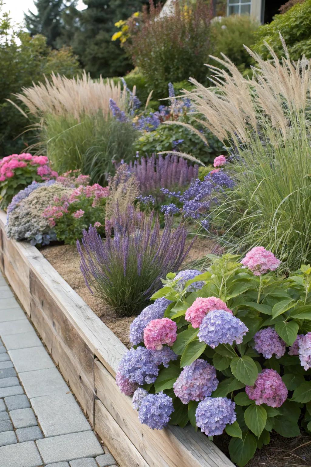 Hydrangeas mixed with lavender and grasses for a dynamic garden display.