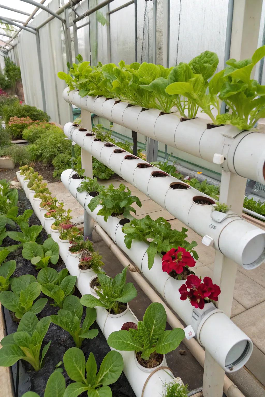 PVC pipes make for a creative and efficient hydroponic system.