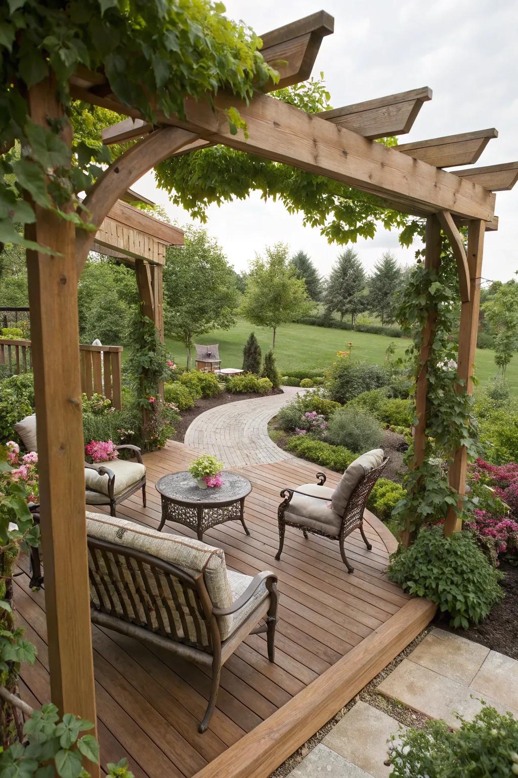 A cozy garden deck with a pergola offering shade and style.
