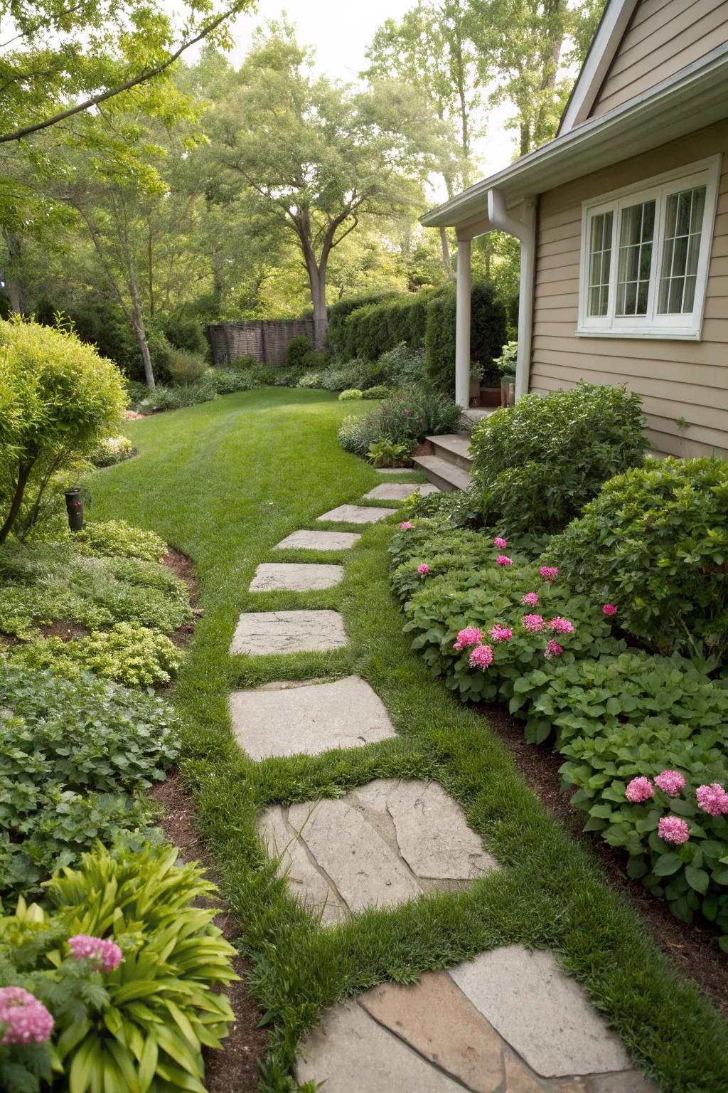 A charming pathway with stepping stones nestled within lush ground cover.