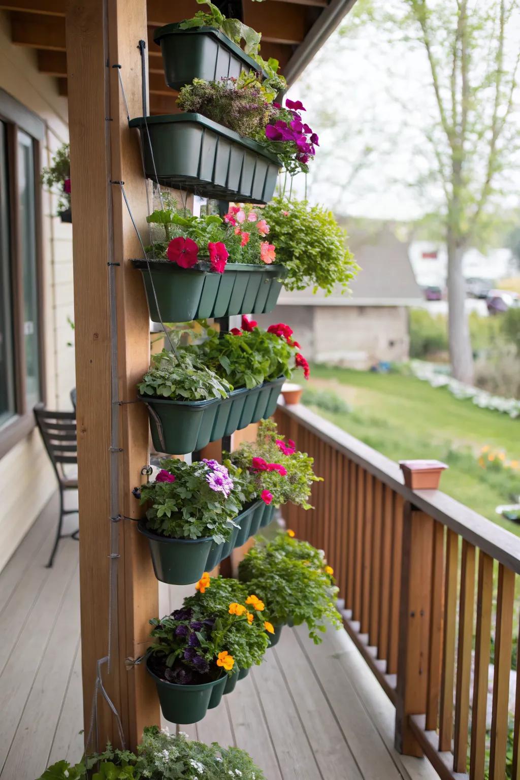 Maximize your porch space with a vertical garden of potted beauties.
