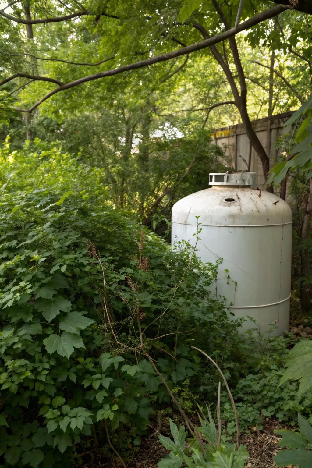 Lush shrubs provide a natural cover for propane tanks, blending seamlessly into the landscape.