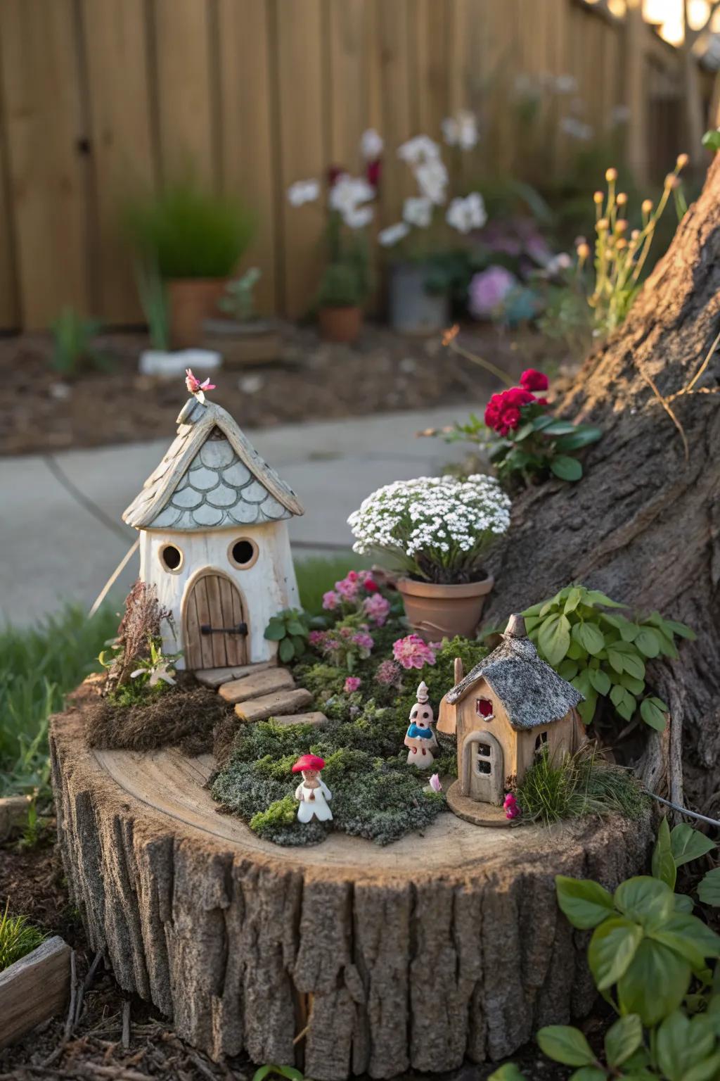 A magical fairy garden transforms an ordinary tree stump.