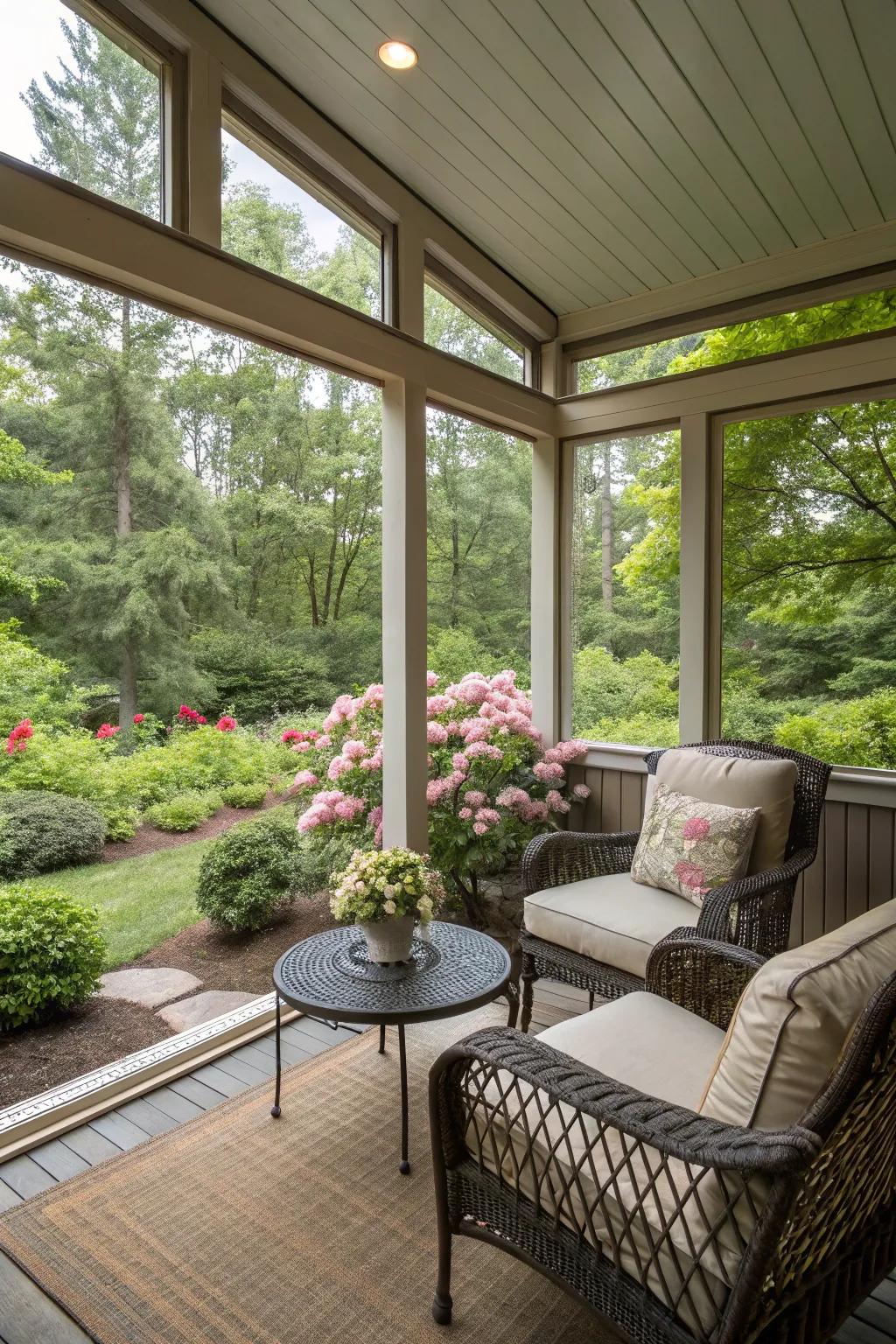 A bug-free screened-in patio with garden views.