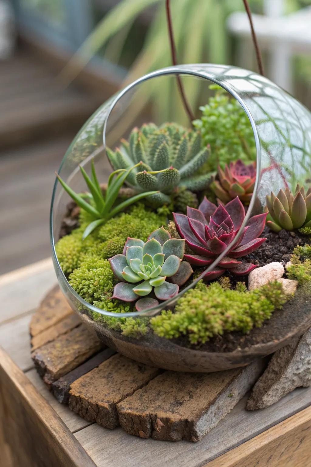 A miniature ecosystem captured in a glass terrarium.
