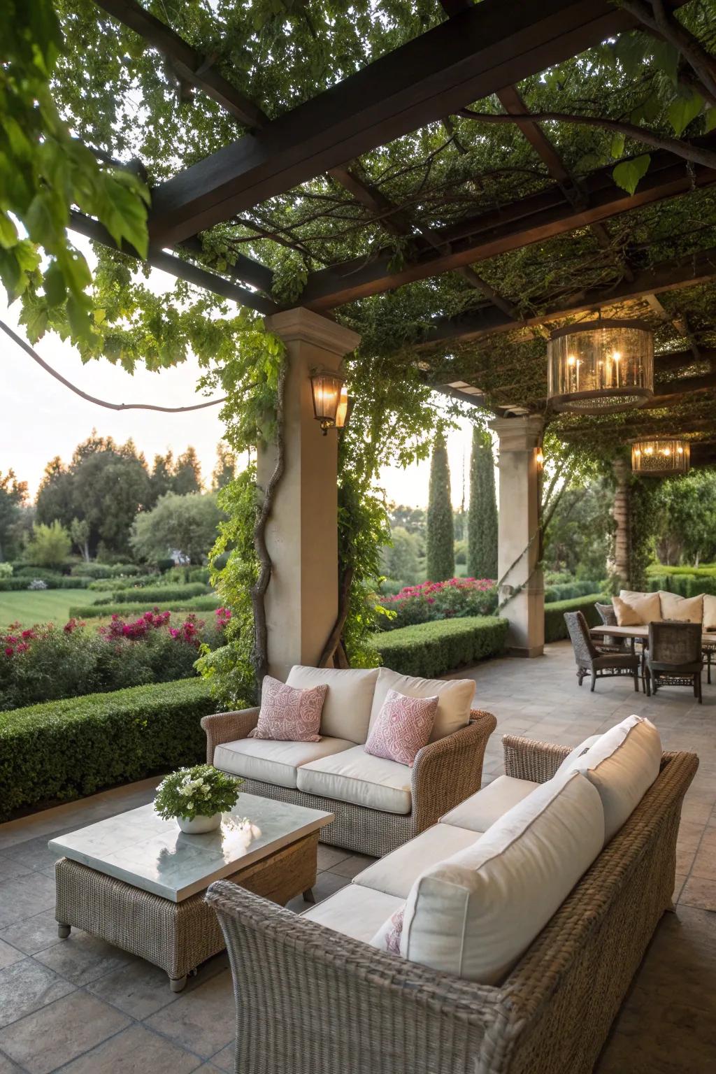 Comfortable outdoor seating setup under a pergola