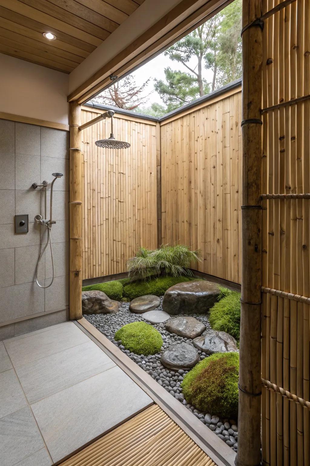 A peaceful zen garden shower retreat with bamboo walls.