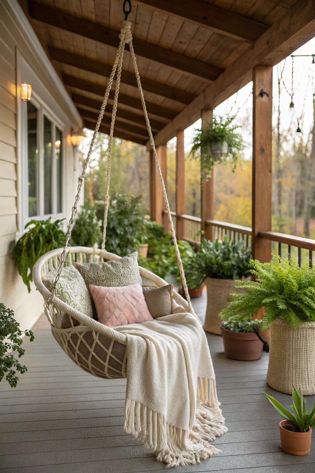 A hanging swing chair transforms your porch into a serene getaway.