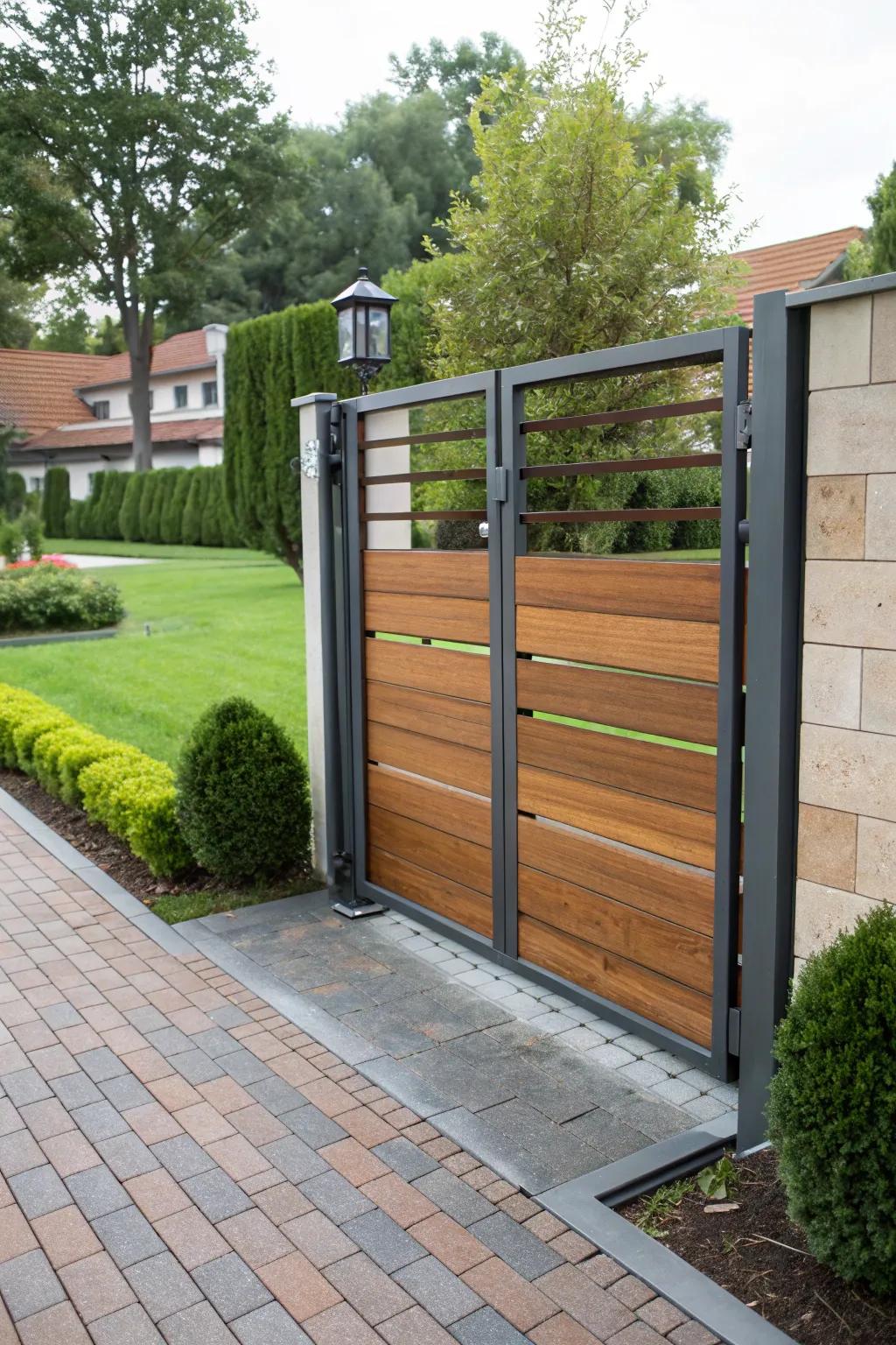 Metal and wood combine for a modern, durable gate.