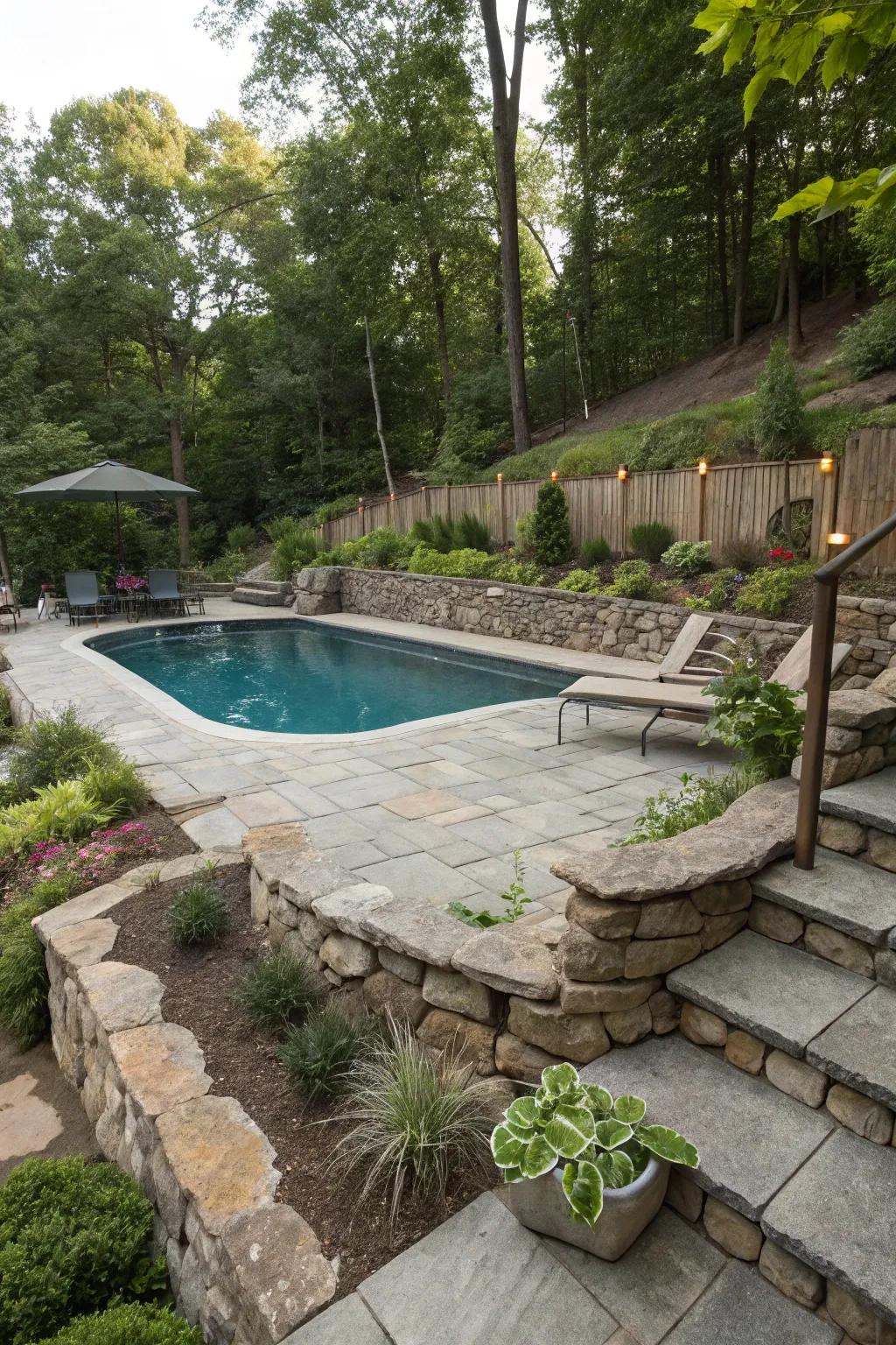 Natural elevation enhances this semi-inground pool's charm.