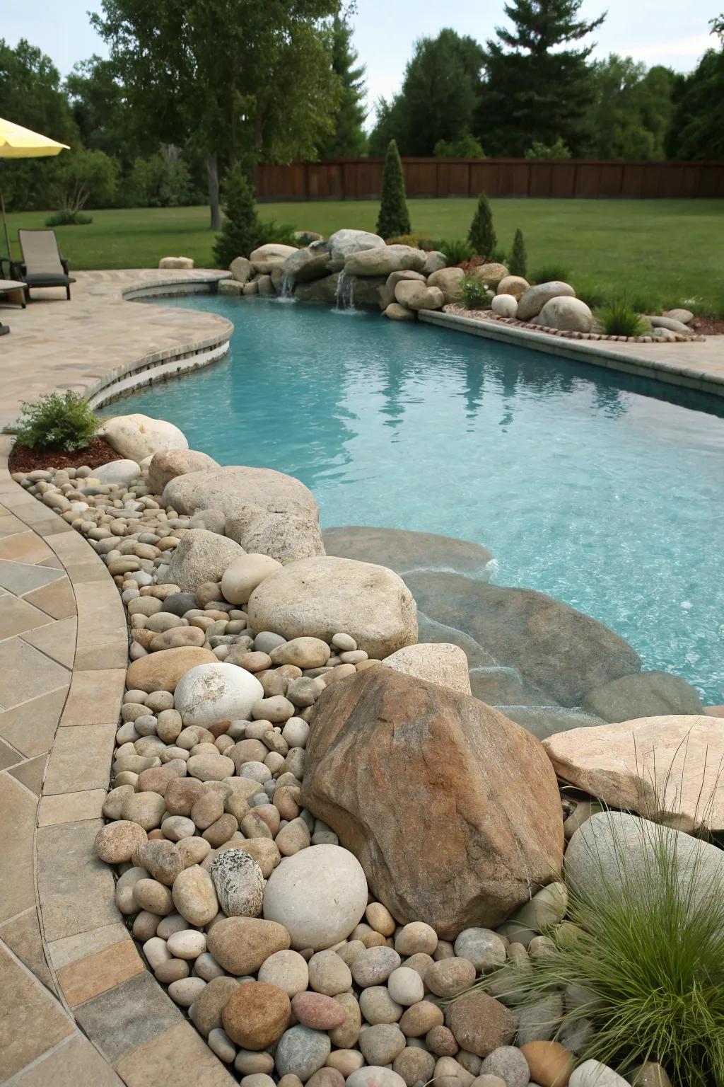 Rock gardens provide a textured, low-maintenance poolside landscape.