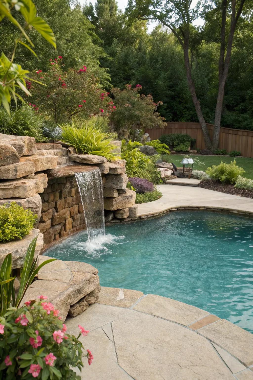 Natural stone features add tranquility and elegance to an inground pool.