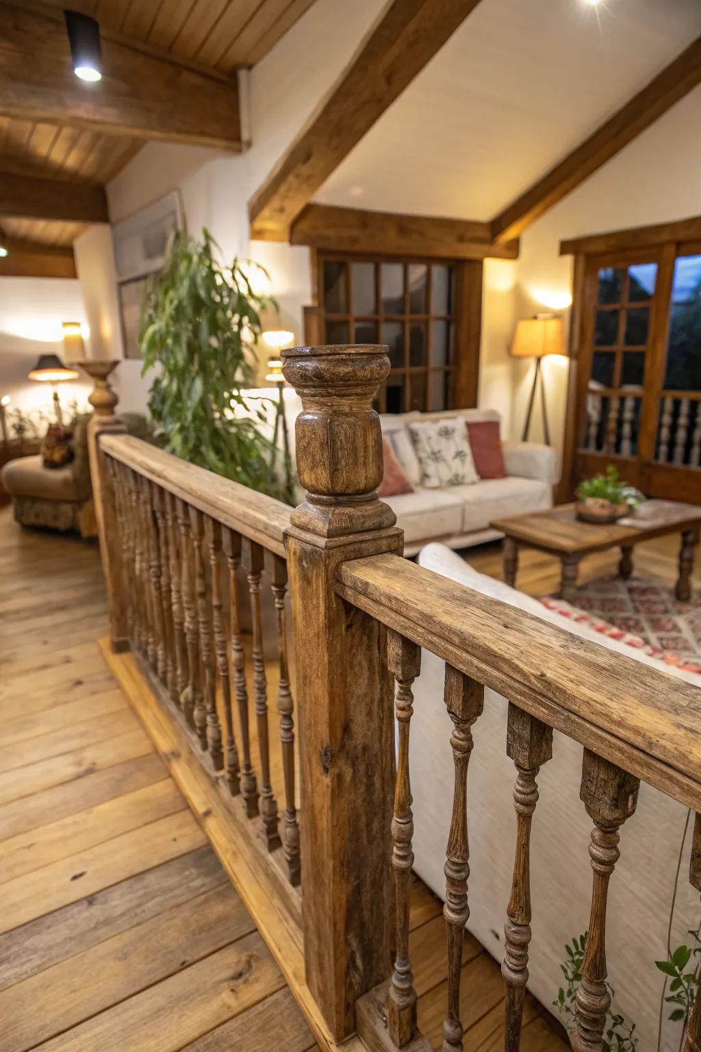 Add warmth with a rustic wooden railing, perfect for a cozy home atmosphere.