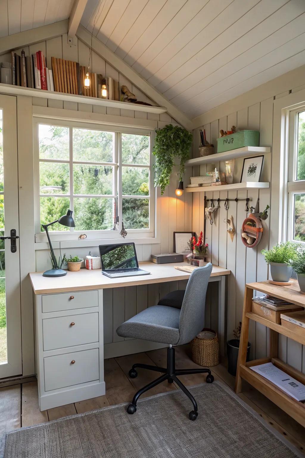 Transform your shed into a peaceful home office with just a desk and chair.